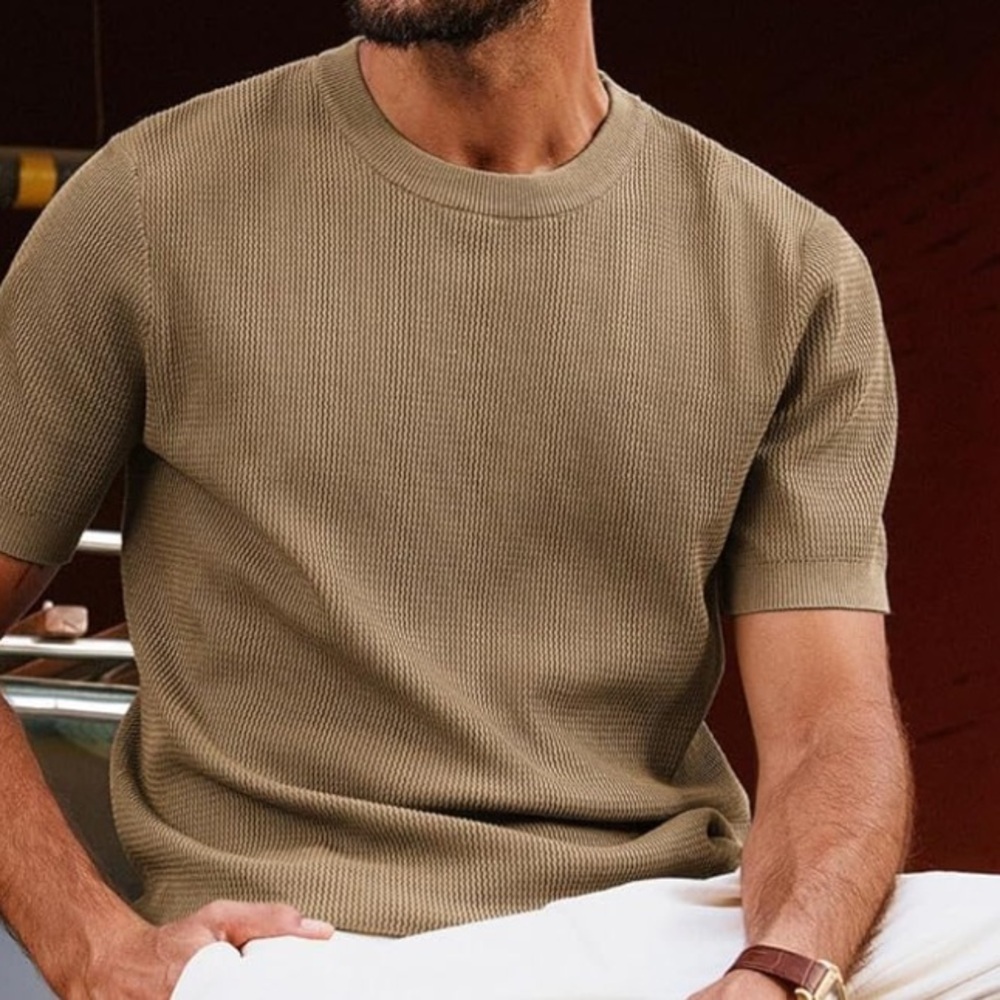 PJ PAUL JONES Mens Knit Short Sleeve Crewneck Shirt Casual Textured Pullover- L